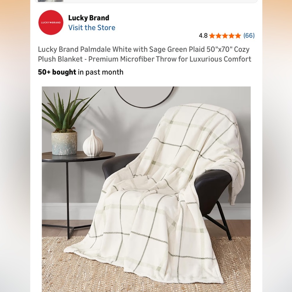NWT Lucky Brand Palmdale White with Light Blue Plaid 50"x70" Microfiber Throw - Picture 7 of 7
